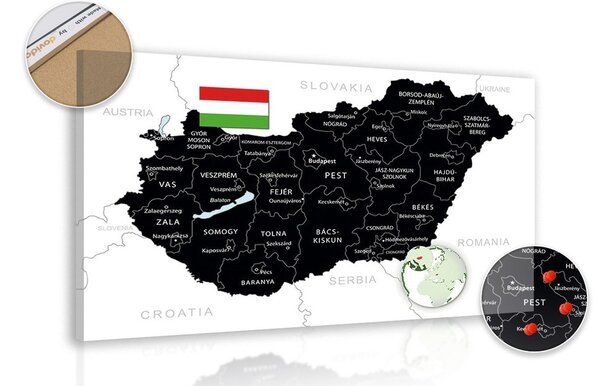Tablou pe plută hartă neagră stilizată a Ungariei