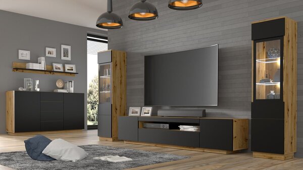 Comodă Aurora KOM2D4S (Stejar artisan + negru mat). Promo -19%. 1124845