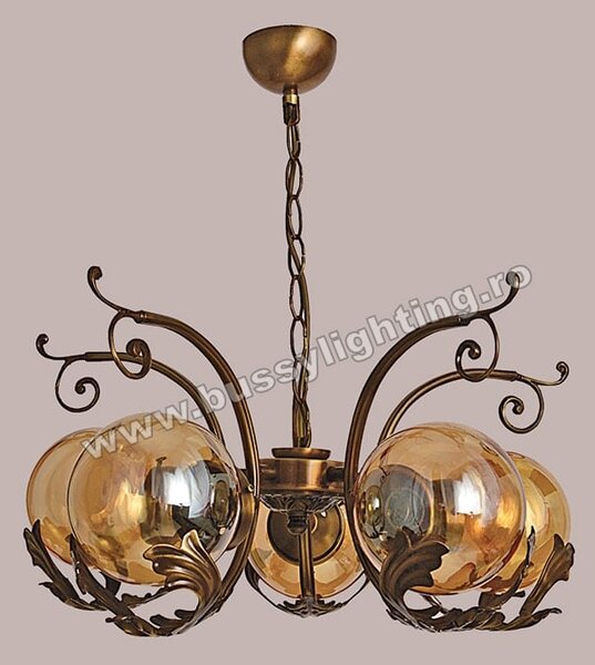 Lustra Devon cu 5 Brate, Desing Vintage, Finisaj Bronz Antichizat, Abajur Amber - Bussy Lighting 7294-52-05