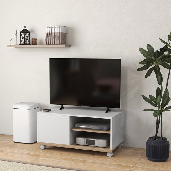 HOMCOM Dulap TV 42" Max cu 2 Rafturi deschise si Usa, Dulap TV Jos din PAL cu Roti, 80x45x39.5 cm, Alb | Aosom Romania