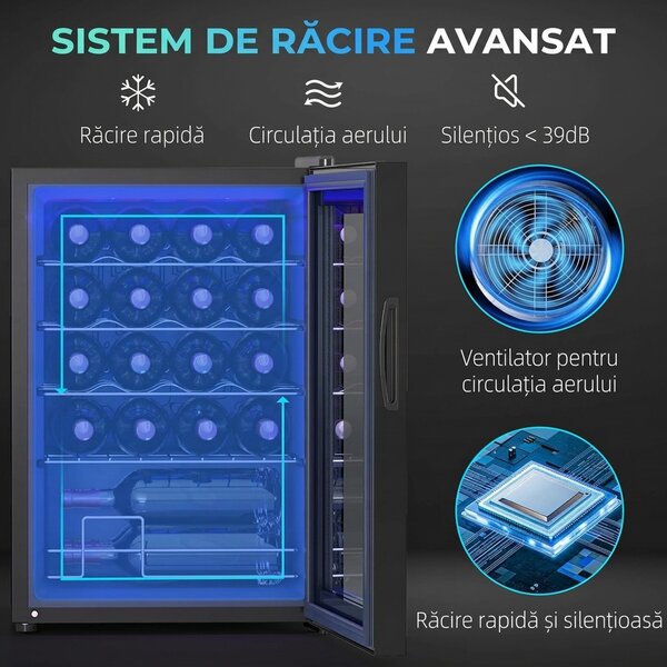 HOMCOM Frigider pentru Vinuri de 20 Sticle cu Temperatură Unică 5-18°C, Geam Anti-UV și Rafturi Reglabile, 43x45x64 cm, Negru | Aosom Romania