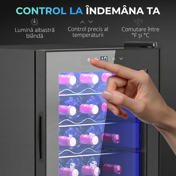 HOMCOM Frigider pentru Vinuri de 20 Sticle cu Temperatură Unică 5-18°C, Geam Anti-UV și Rafturi Reglabile, 43x45x64 cm, Negru | Aosom Romania