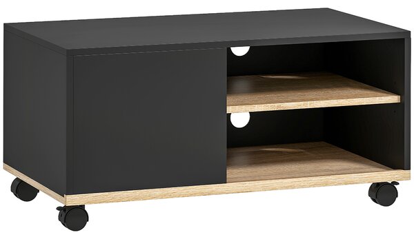 HOMCOM Dulap TV 42" Max cu 2 Rafturi deschise si Usa, Dulap TV Jos din PAL cu Roti, 80x45x39.5 cm, Alb | Aosom Romania