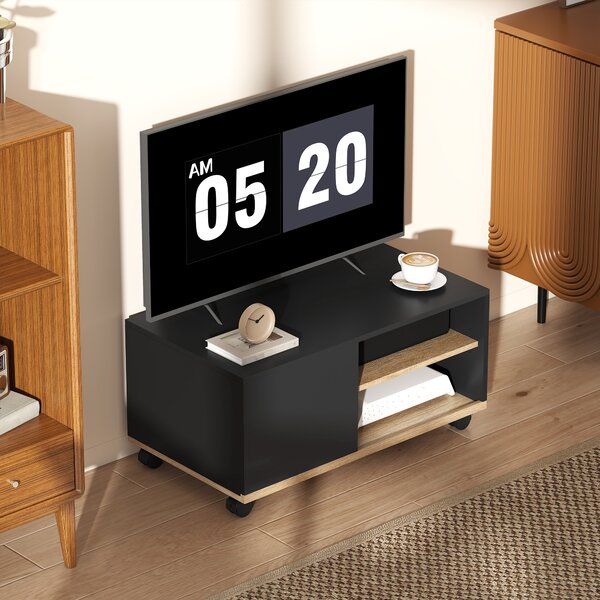 HOMCOM Dulap TV 42" Max cu 2 Rafturi deschise si Usa, Dulap TV Jos din PAL cu Roti, 80x45x39.5 cm, Alb | Aosom Romania