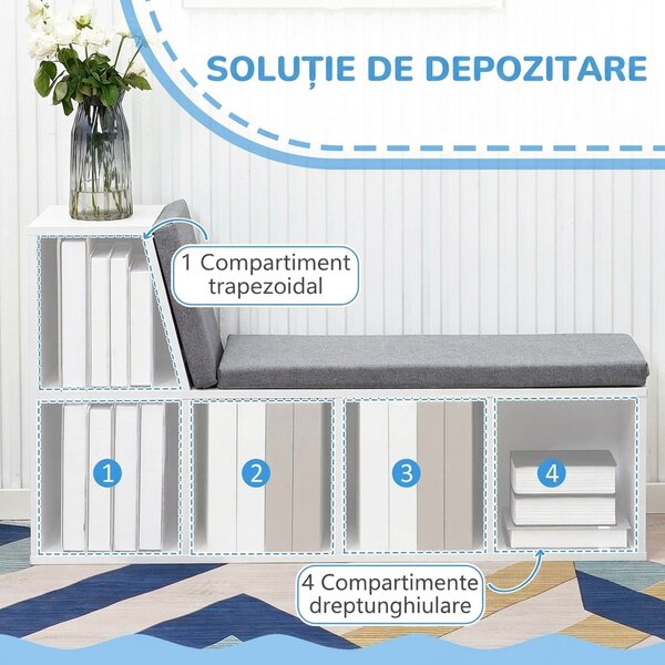 HOMCOM Bibliotecă Modulară cu 5 Rafturi Deschise și 2 Perne, Mobilier pentru Living, Dormitor și Birou, Gri Alb | Aosom Romania