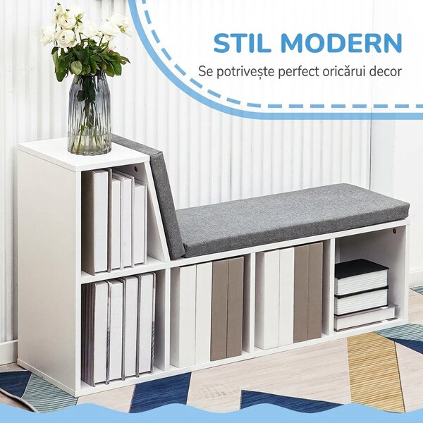 HOMCOM Bibliotecă Modulară cu 5 Rafturi Deschise și 2 Perne, Mobilier pentru Living, Dormitor și Birou, Gri Alb | Aosom Romania