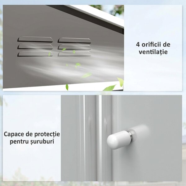 Outsunny Căsuță de grădină 2,3x1,7 m din oțel cu orificii de aerisire și uși duble glisante, efect lemn | Aosom Romania
