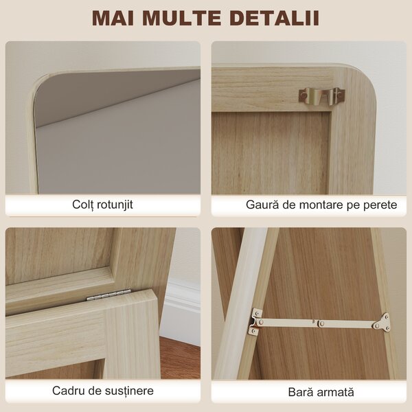 HOMCOM Oglindă de Podea și de Perete cu Cadru din Lemn și Suport Pliabil, 37 x 43 x 156 cm, Culoare Lemn | Aosom Romania