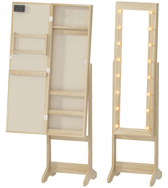 HOMCOM Oglindă Joyero cu Lumini LED Dulap pentru Bijuterii Dulap Joyero de Podea cu Oglindă Integrală Unghi Reglabil Lemn Natural | Aosom Romania
