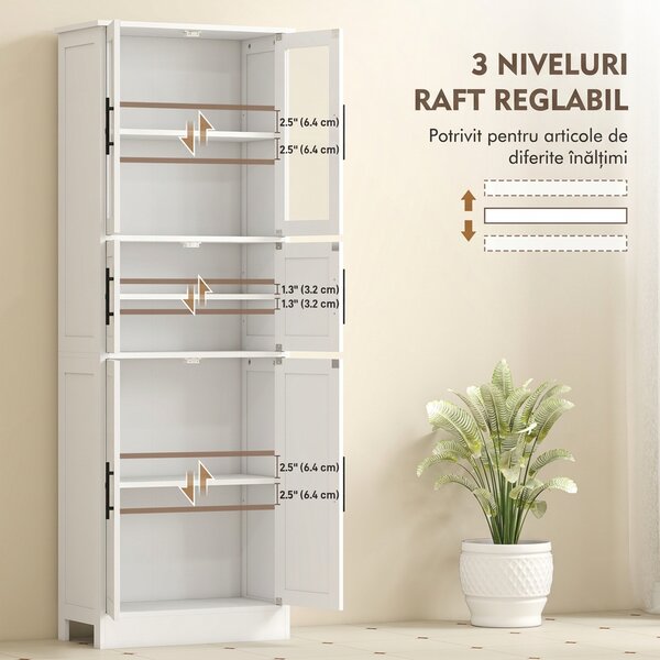 HOMCOM Dulap înalt de baie slim, 170 cm, cu 6 rafturi, uși din sticlă și rafturi reglabile, pentru living sau bucătărie, stil modern, 60x30x170 cm, alb | Aosom Romania