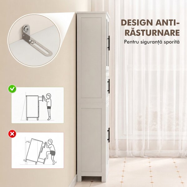 HOMCOM Dulap înalt de baie slim, 170 cm, cu 6 rafturi, uși din sticlă și rafturi reglabile, pentru living sau bucătărie, stil modern, 60x30x170 cm, alb | Aosom Romania