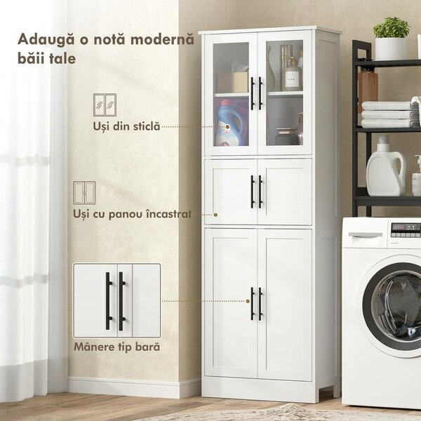 HOMCOM Dulap înalt de baie slim, 170 cm, cu 6 rafturi, uși din sticlă și rafturi reglabile, pentru living sau bucătărie, stil modern, 60x30x170 cm, alb | Aosom Romania