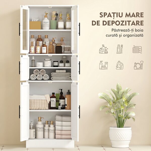 HOMCOM Dulap înalt de baie slim, 170 cm, cu 6 rafturi, uși din sticlă și rafturi reglabile, pentru living sau bucătărie, stil modern, 60x30x170 cm, alb | Aosom Romania
