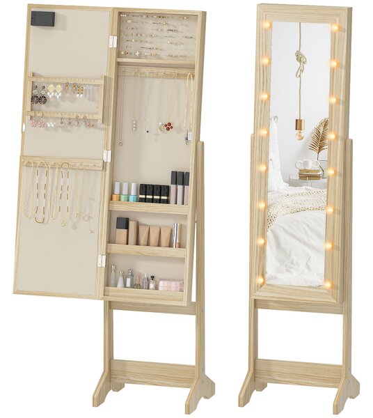 HOMCOM Oglindă Joyero cu Lumini LED Dulap pentru Bijuterii Dulap Joyero de Podea cu Oglindă Integrală Unghi Reglabil Lemn Natural | Aosom Romania