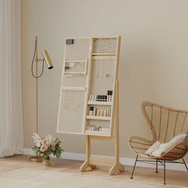 HOMCOM Oglindă Joyero cu Lumini LED Dulap pentru Bijuterii Dulap Joyero de Podea cu Oglindă Integrală Unghi Reglabil Lemn Natural | Aosom Romania