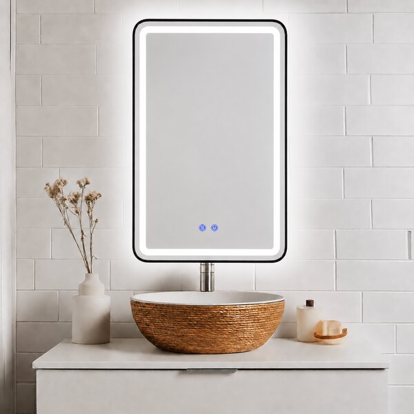 Oglindă de baie Bianca cu iluminare LED și funcție anti-aburire – ramă neagră, 60x80 cm
