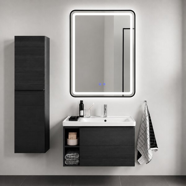 Oglindă de baie Bianca cu iluminare LED și funcție anti-aburire – ramă neagră, 60x80 cm