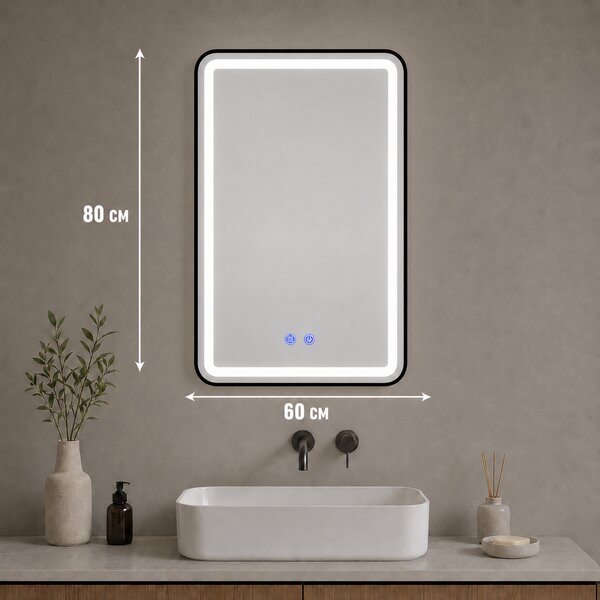 Oglindă de baie Bianca cu iluminare LED și funcție anti-aburire – ramă neagră, 60x80 cm