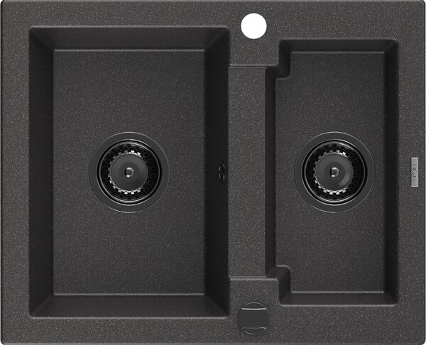 Mexen Carlos, chiuvetă din granit 582x475x177 mm, 1,5 camere, pete negre cu sifon negru, 6518581500-76-B