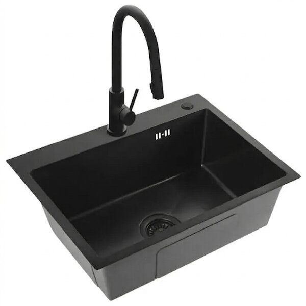 Rea Liam, chiuveta de bucatarie otel 530x450x200mm + sifon, negru mat, ZLE-06008