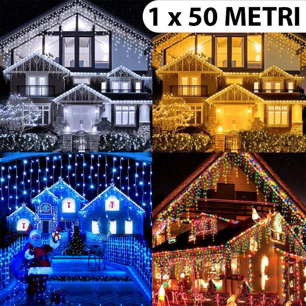 Instalatie de Craciun, 1 x 50 metri, franjuri cu flash, cu led tip turturi, fir gros, exterior, 4 culori