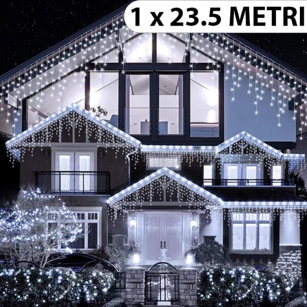 Instalatie de Craciun, franjuri cu flash, cu led tip turturi, fir gros, exterior, alb rece, 23,5 metri