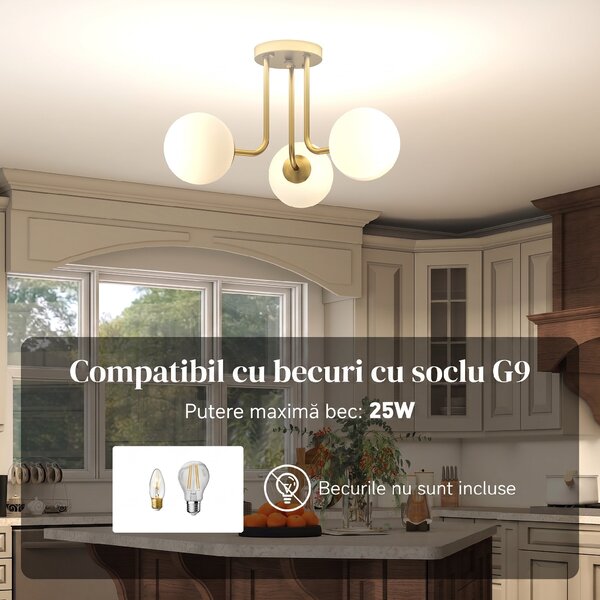 HOMCOM Candelabru de Tavan Vintage cu 3 Puncte de Lumină, cu Socluri G9, 42x42x26.5 cm, Becuri Neincluse, Aur | Aosom Romania