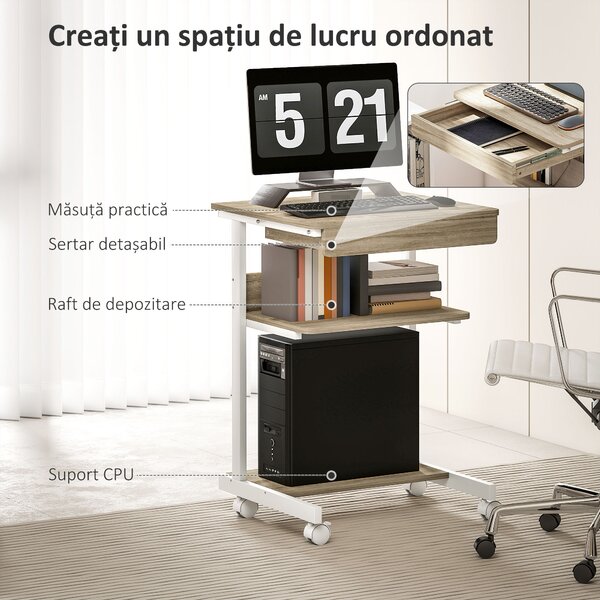 HOMCOM Birou PC cu Sertar Glisant și 2 Rafturi Deschise Alb și Stejar | Aosom Romania