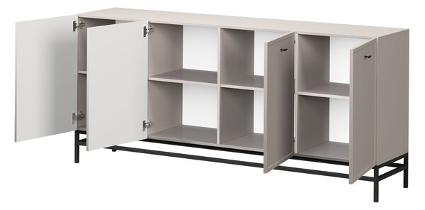 Comodă cu patru uși Lorini 200 cm - cașmir / mânere negre tip T-bar / cadru metalic