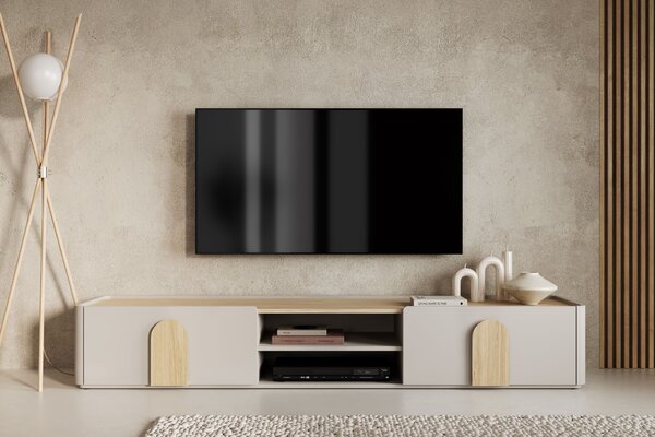 Comodă TV Amilio 220 cm cu sertar - cashmere / stejar uleiat / mânere stejar deschis