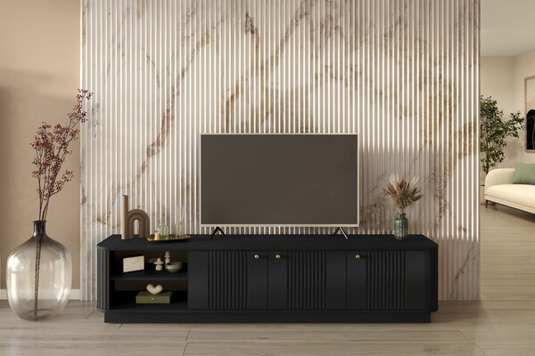 Comodă TV pe soclu Vesper 3D 187 cm - negru / mânere aurii