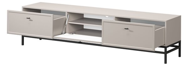Comodă TV Lorini 200 cm cu sertare - culoare cașmir / mânere tip T-bar și cadru negre