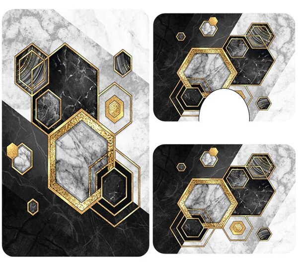 Set covoare baie antiderapante, 3 piese, model geometric marmura cu accente aurii