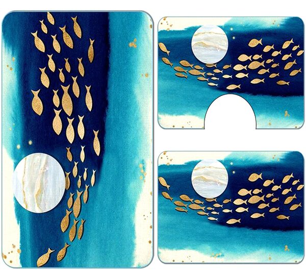 Set covoare baie antiderapante, 3 piese, model pesti aurii decorativi