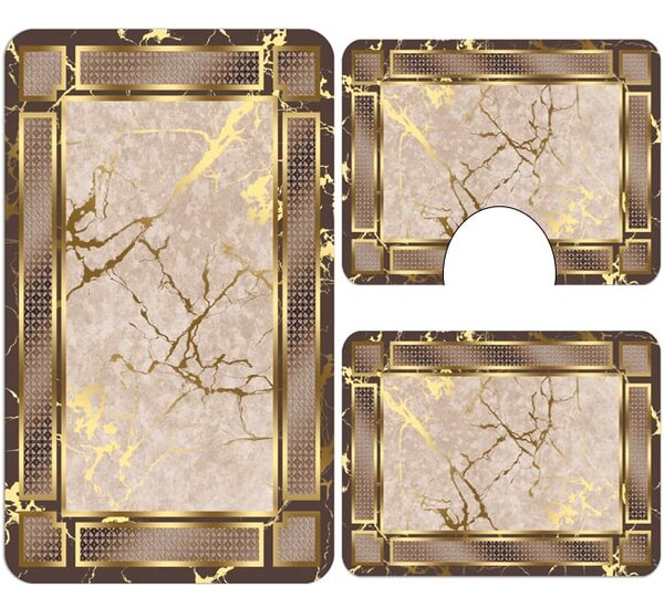 Set covoare baie antiderapante, 3 piese, model bej cu rama decorativa aurie