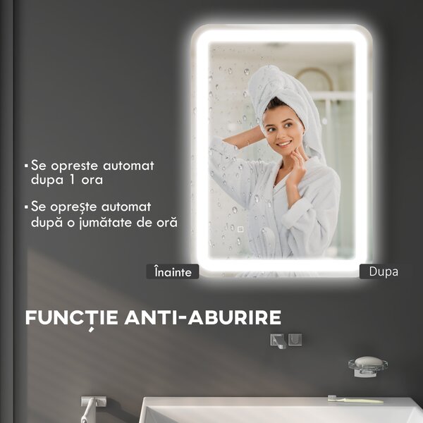 Kleankin Oglindă LED, pentru Baie și Machiaj,lumina Reglabilă cu 3 Temperaturi de Culoare, Design anti-aburire, 70x50 cm, Argintiu | Aosom Romania