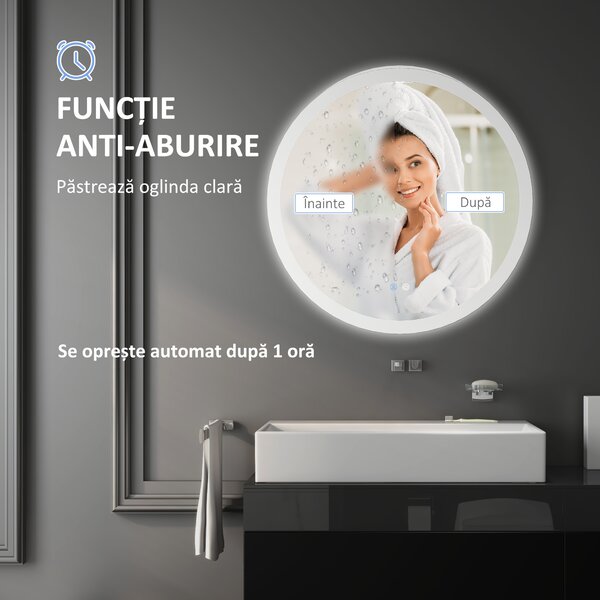 Kleankin Oglindă de Baie cu Lumină LED Reglabilă, Întrerupător Tactil, și Funcție de Memorie, Ø60x3 cm, Transparent | Aosom Romania