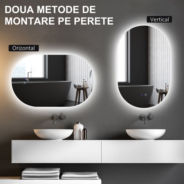 Kleankin Oglindă de Perete cu Lumină LED în 3 Culori și Funcție Anti-Aburire, 81x51x4.5 cm, Transparent | Aosom Romania