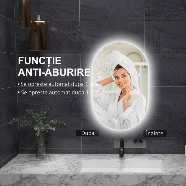 Kleankin Oglindă de Perete cu Lumină LED în 3 Culori și Funcție Anti-Aburire, 81x51x4.5 cm, Transparent | Aosom Romania