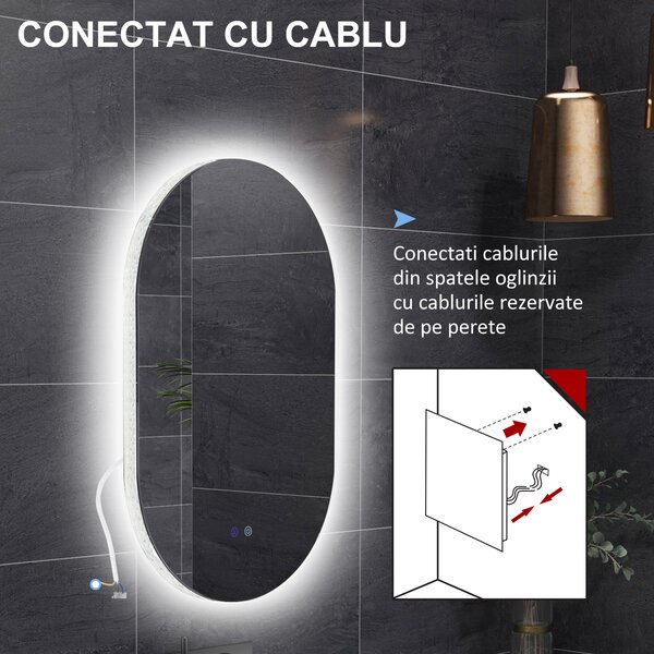 Kleankin Oglindă de Perete cu Lumină LED în 3 Culori și Funcție Anti-Aburire, 81x51x4.5 cm, Transparent | Aosom Romania