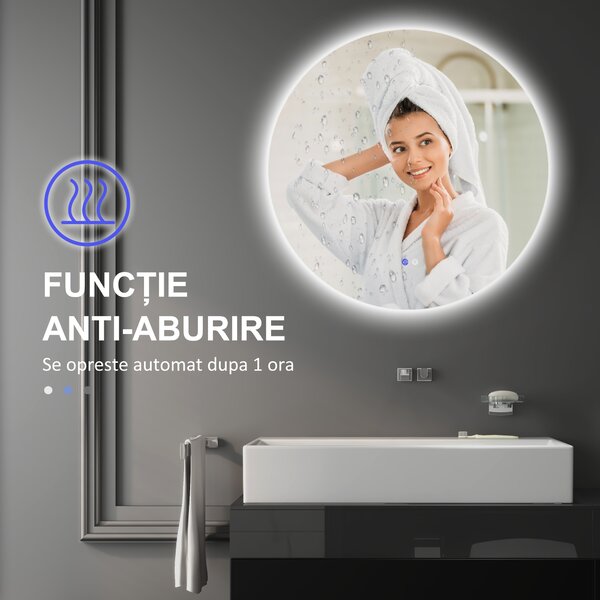 Kleankin Oglindă de Baie Rotundă cu Lumină LED în 3 Culori și Întrerupătoare Touch, Ø70x3,5 cm, Transparet | Aosom Romania