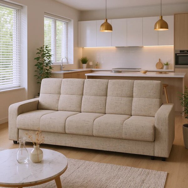 Canapea extensibila 3 locuri Thassos cu lada de depozitare, Bej - Maro, 220x70x90 cm