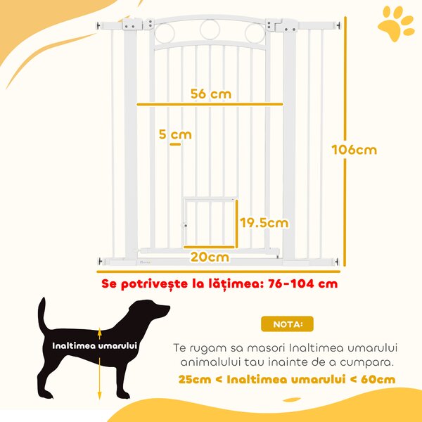 PawHut Barieră de Siguranță Interioară pentru Câini cu 2 Extensii și Ușă pentru Pisici, 76-104x77 cm, Alb | Aosom Romania