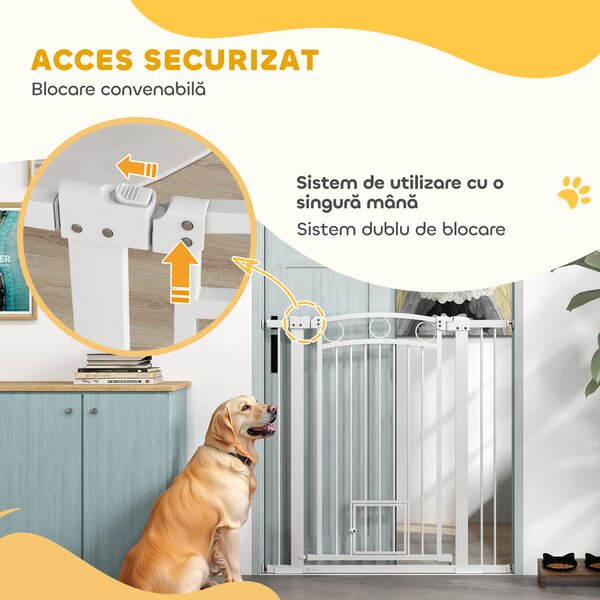 PawHut Barieră de Siguranță Interioară pentru Câini cu 2 Extensii și Ușă pentru Pisici, 76-104x77 cm, Alb | Aosom Romania