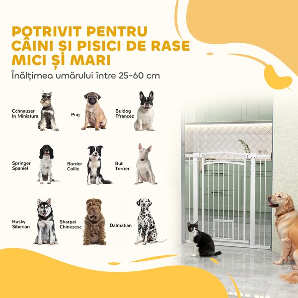 PawHut Barieră de Siguranță Interioară pentru Câini cu 2 Extensii și Ușă pentru Pisici, 76-104x77 cm, Alb | Aosom Romania