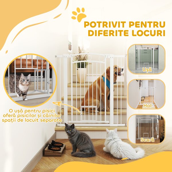PawHut Barieră de Siguranță Interioară pentru Câini cu 2 Extensii și Ușă pentru Pisici, 76-104x77 cm, Alb | Aosom Romania