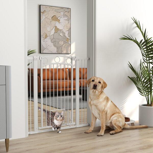 PawHut Barieră de Siguranță Interioară pentru Câini cu 2 Extensii și Ușă pentru Pisici, 76-104x77 cm, Alb | Aosom Romania