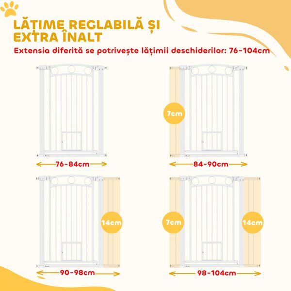 PawHut Barieră de Siguranță Interioară pentru Câini cu 2 Extensii și Ușă pentru Pisici, 76-104x77 cm, Alb | Aosom Romania