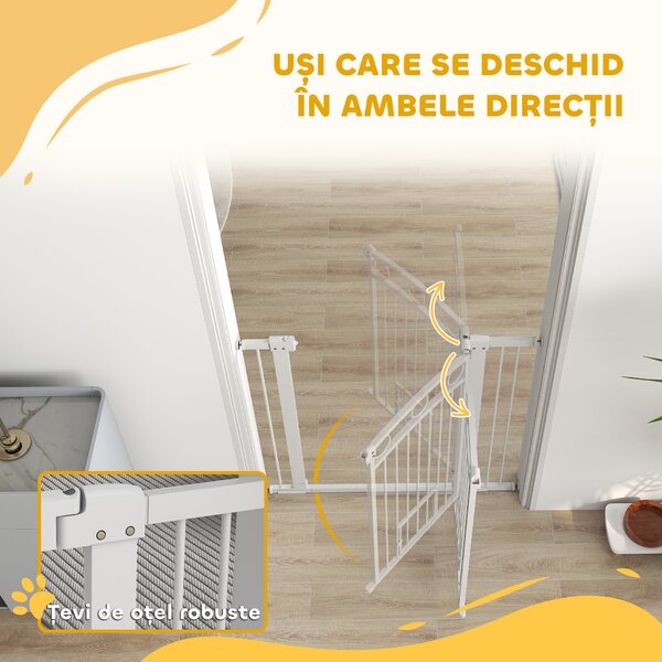 PawHut Barieră de Siguranță Interioară pentru Câini cu 2 Extensii și Ușă pentru Pisici, 76-104x77 cm, Alb | Aosom Romania