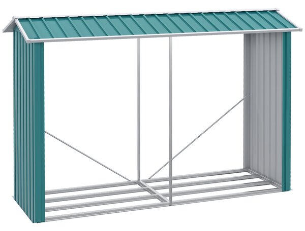 Outsunny Magazie de Depozitare a Buștenilor, Casă pentru Lemne de Foc din Otel Galvanizat cu Podea Înălțată, 240x86x160 cm, Verde | Aosom Romania